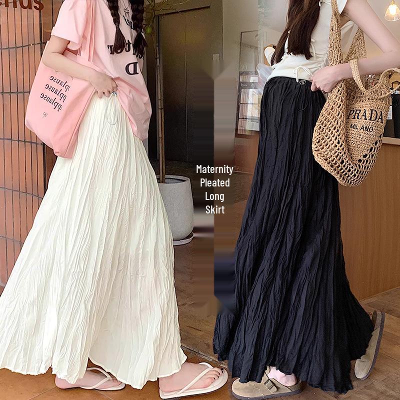 Maternity Pleated A-Line Floor-Length Skirt with Adjustable Waist L