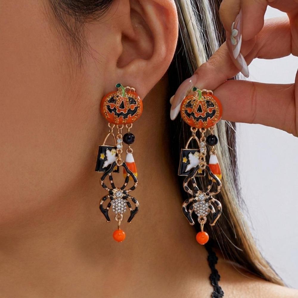 Zircon Pumpkin Ear Studs Rhinestone Spider Dangle Earrings Halloween Earrings  All Saints' Day