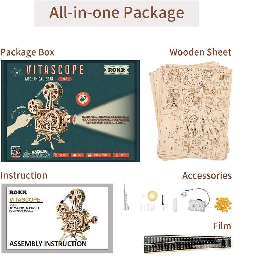 ROBOTIME ROKR Vitascope Movie Projector 3D Wooden Puzzle LK601