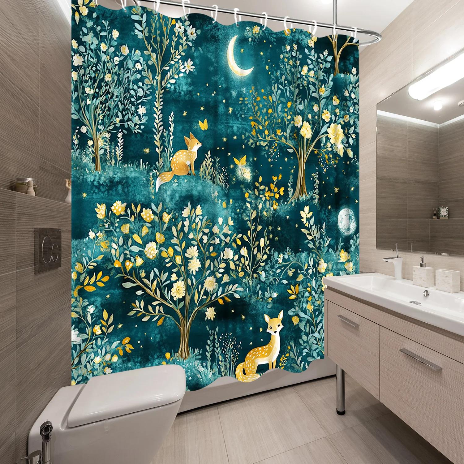 Exquisite Fashion Items Green Enchanted Forest Shower Curtain - Foxes, Butterflies & Moon, Whimsical Fairy Tale Design, Dreamy Flowers & Foliage