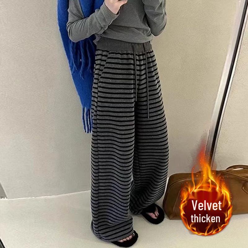 

2025 Осень Женские Брюки с Высокой Посадкой, Цветным Блоком, Полосатые, Широкие, на Кулиске M (95-110 lbs)