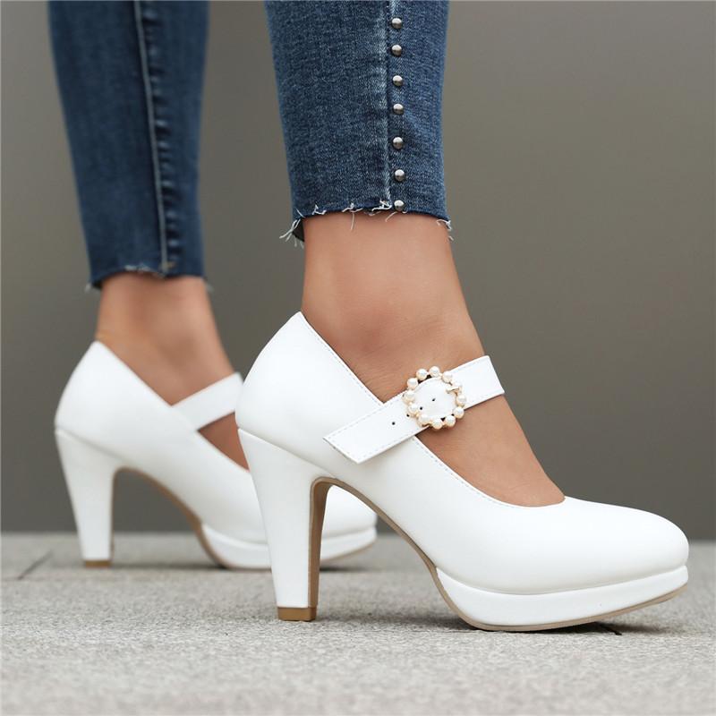 Enkeltsko med høye hæler for kvinner vår og høst nye enkel vanntett plattform tykk hæl grunt munn stor størrelse fire årstider sko