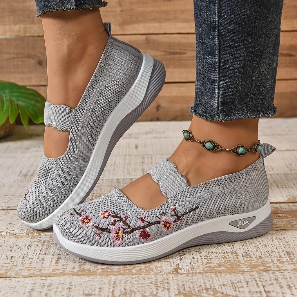 Women's Casual Slip-On Sneakers, Black, Green,   Grey and Maroon; Lightweight Low Top Sneakers with Cute Round Toe & Floral Design for All Seasons