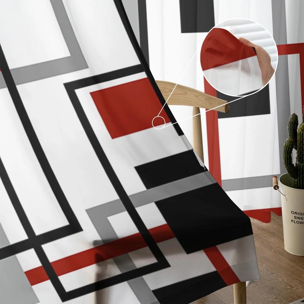 Nordic Retro Medieval Geometric Abstract Red Translucent Drapes for Living Room Decoration Window Opening Curtain Kitchen Area Tulle Voile Curtains