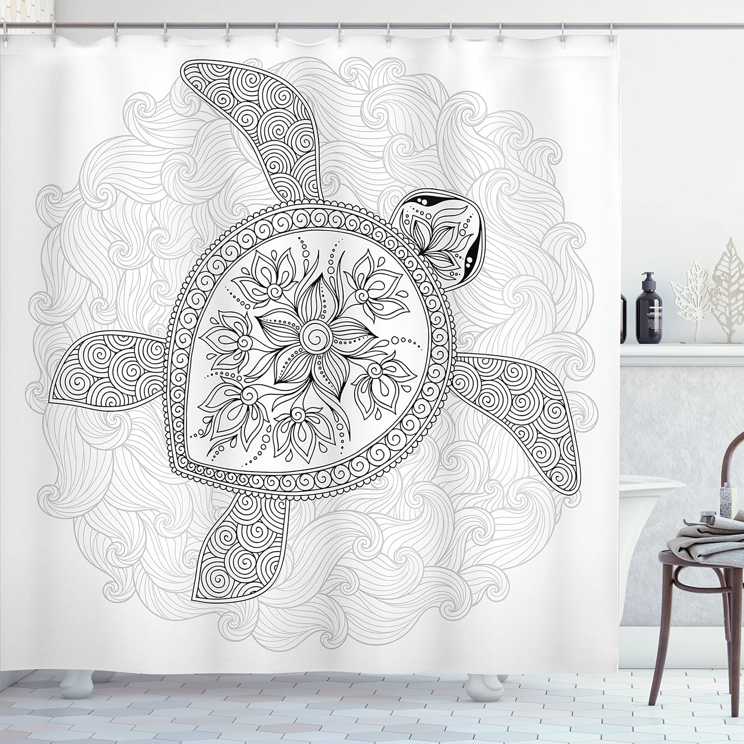 Turtle Mandala Shower Curtain Black White Design Boho Art Nature Pattern Bathroom Decor Waterproof Fabric Spiritual Theme 90x180cm35x71in