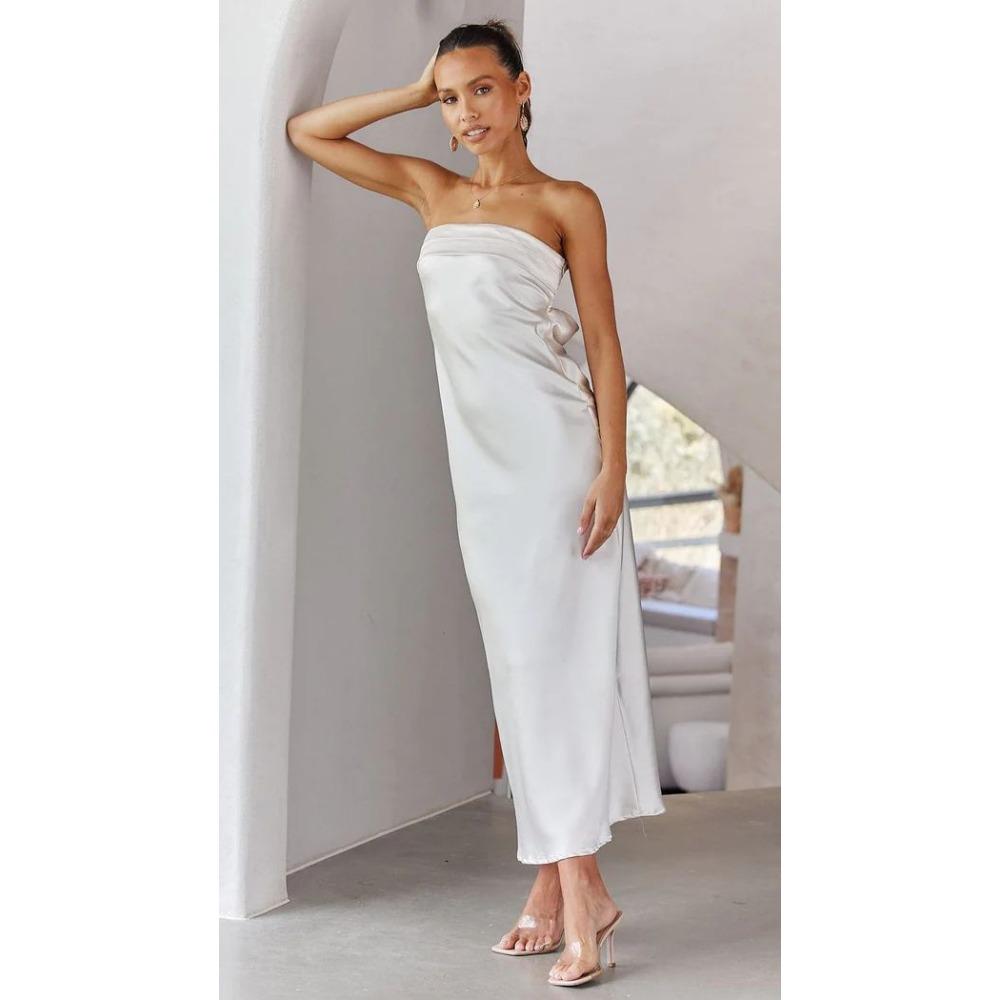 Spring and Summer New Style Elegant Lady Satin Backless Tube Top Dress Print