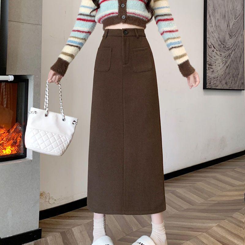 2025 Autumn/Winter Woolen High-Waisted Slimming Straight Midi Skirt with Slit