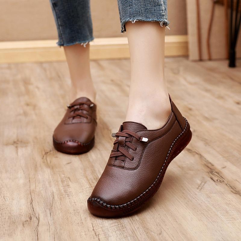 Mode Damen Echte Lederschuhe Frühling Damen Lässige Keilschuhe Schwarz Mama Las Bequem Klassisch Freizeit Loafer Schuh Ballerina Shdieoes