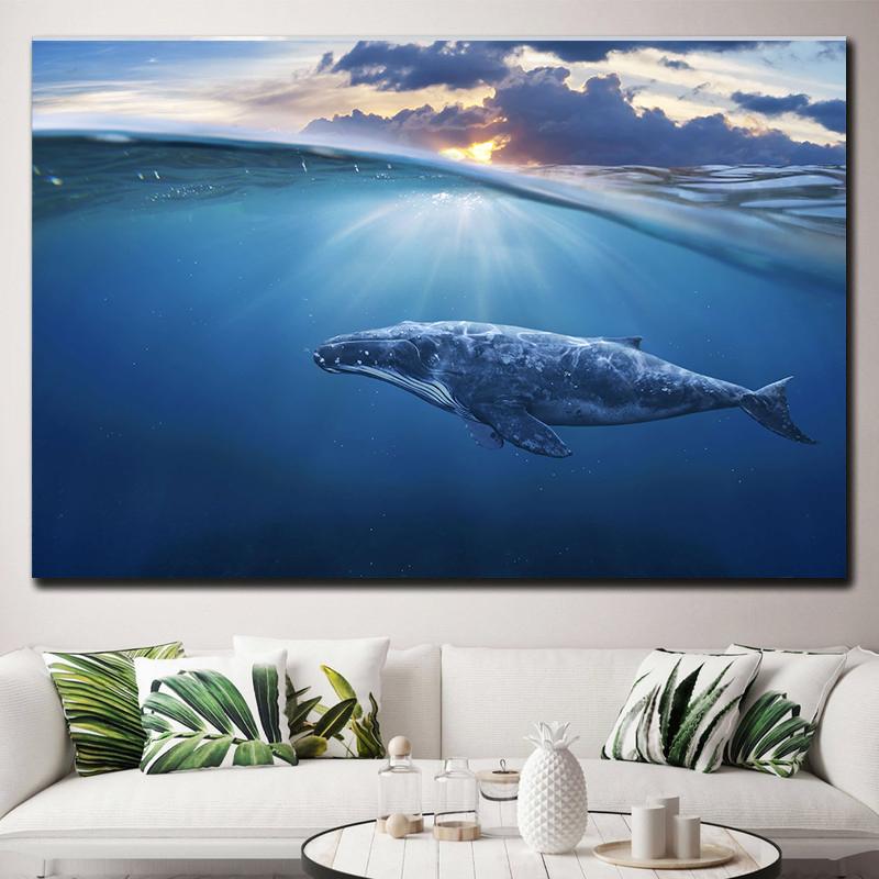 Natural Blue Whale Fish Tail Canvas Painting Wall Art Seascape Animal Killer Whale Posters and Prints for Living Room Home Decor
