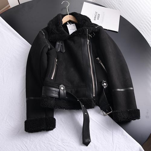 Winter Women Thick Warm Suede Jacket Short Motorcycle Brown Coats Faux Shearling Sheepskin Leather Jackets Outwear