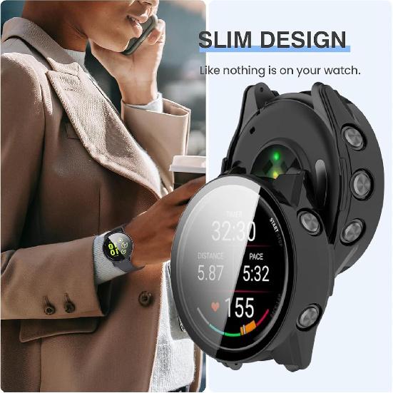 Compatible for Garmin Forerunner 570 Case with Dust Plug, Lamshaw Case with Tempered Glass Screen Protector + Dust Plug Compatible with Garmin