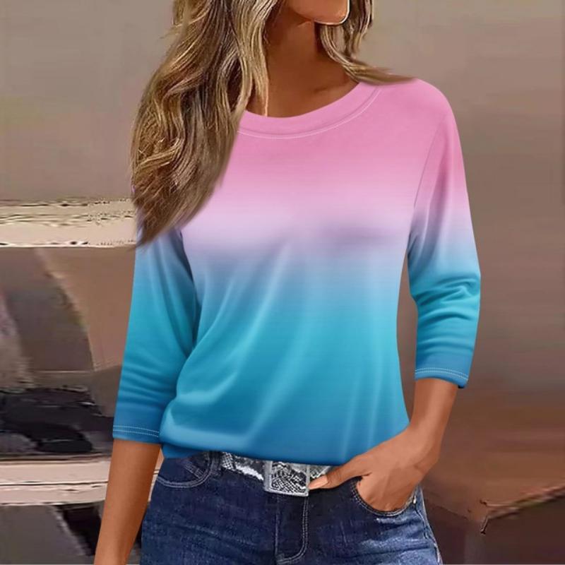 Women's Fashion Casual Round Neck 3/4 Sleeve Loose  Printed T-Shirt Ladies Top Dressy Tops for Women Trendy Womens Summer Tops