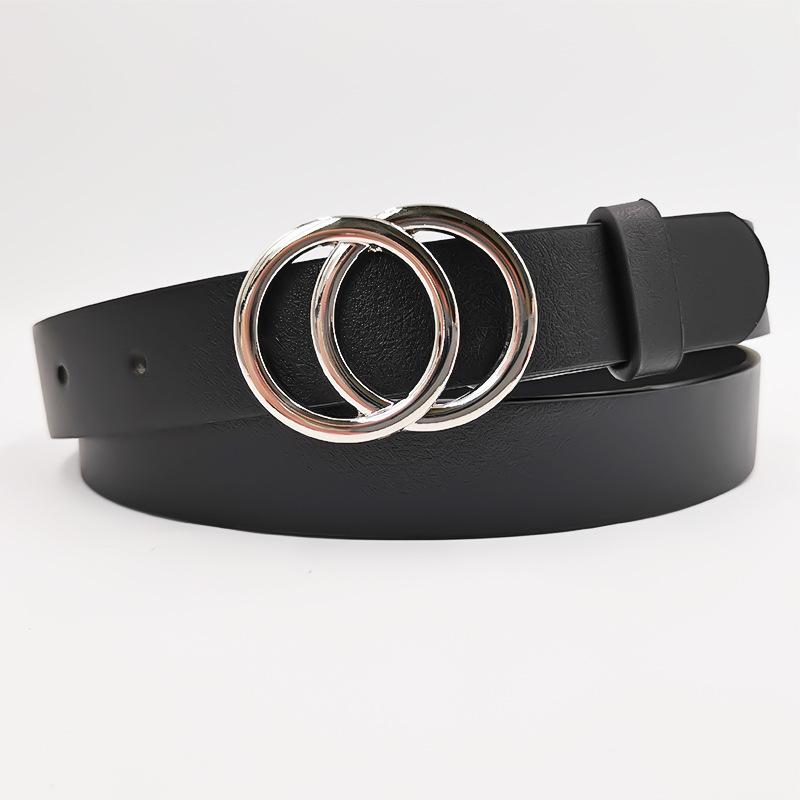 PU Silver Double Round Silver Buckle Belt Girls Jeans Decorative Belt
