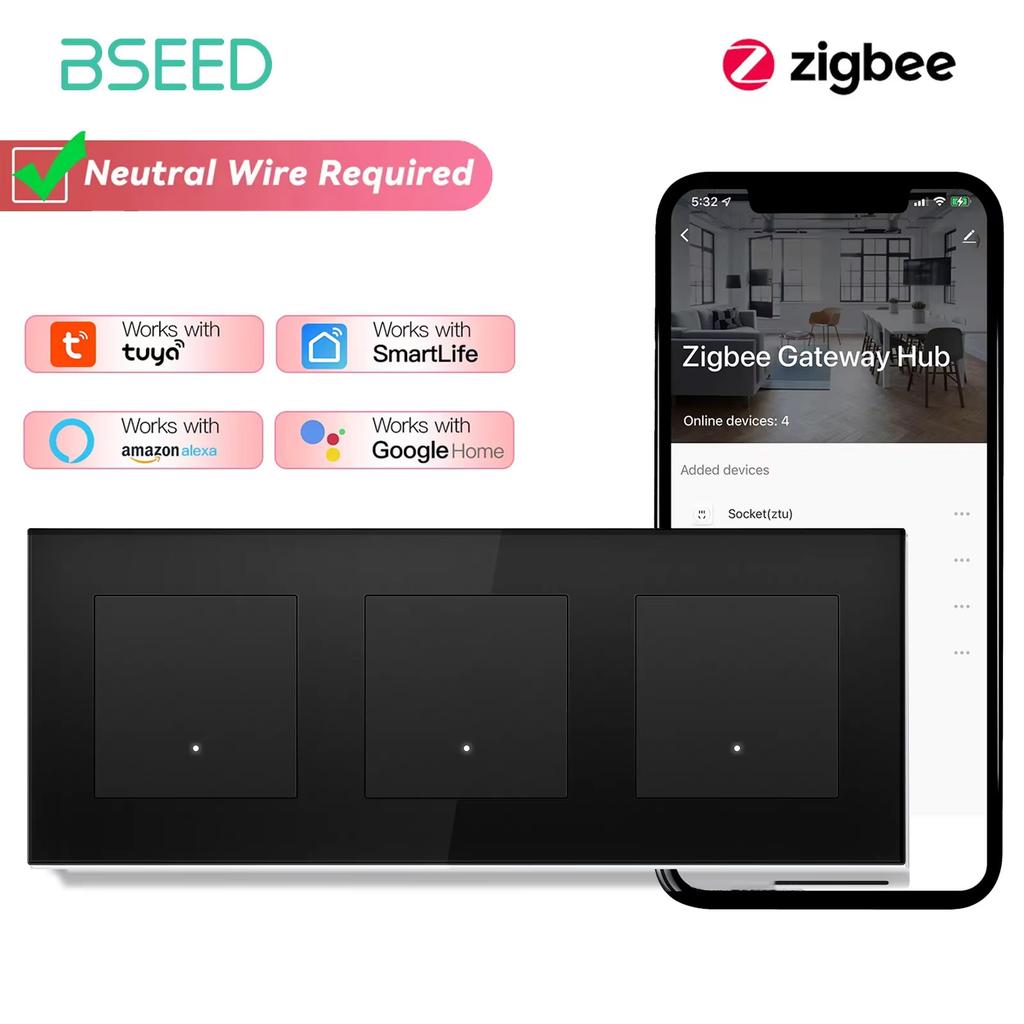BSEED Zigbee 1/2/3Gang Smart Click Light Switches 1/2/3Way Tuya Smart Life Alexa Compatible Plus EU Power Sockets Glass Panels