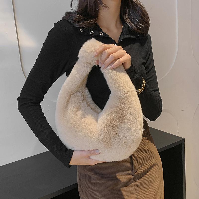 Yogodlns Fur Women's Small Half Moon Bag Luxury Warm Plush Wrist Bags for Women Fashion Furry Short Handle Clutch Cute Ladies Coin Purses