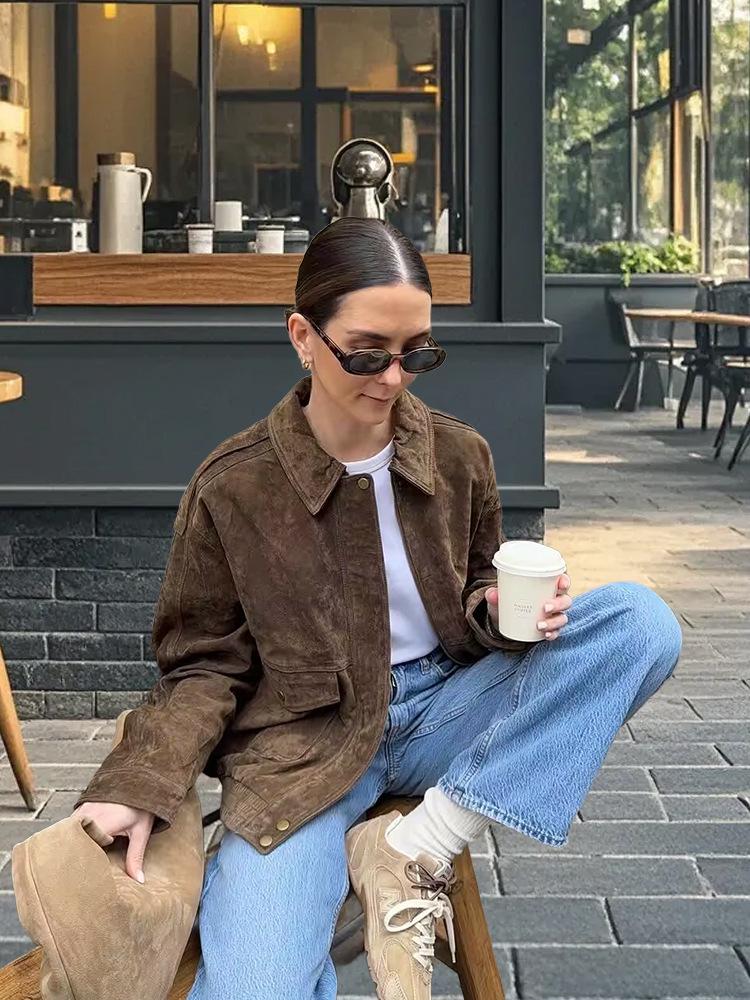 Dámská retro hnědá minimalistická bunda s klopami a zipem: High-End podzim/zima 2025 styl