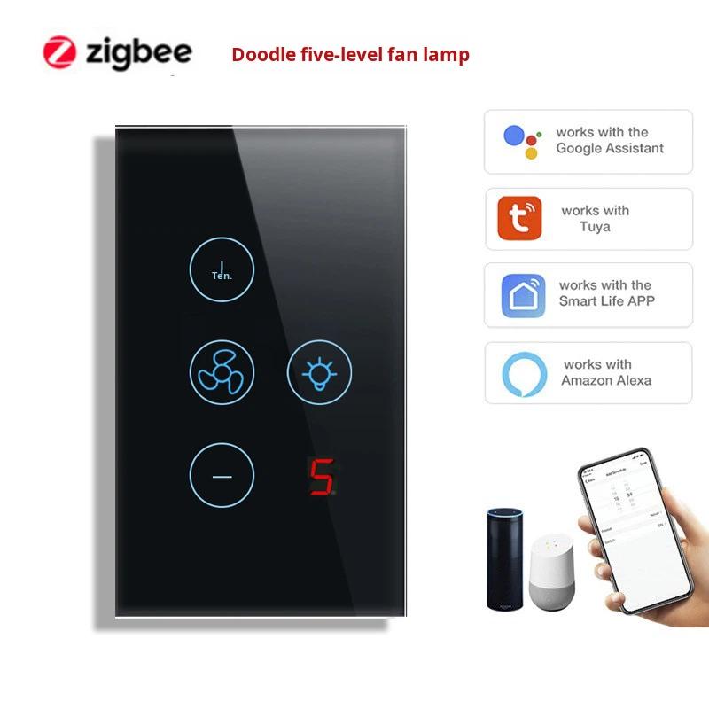AU US Zigbee Smart Fan Light Switch 5 Speed Thyristor Control for App Control IP20 Rated 10A WiFi Touch Panel Wall Switch