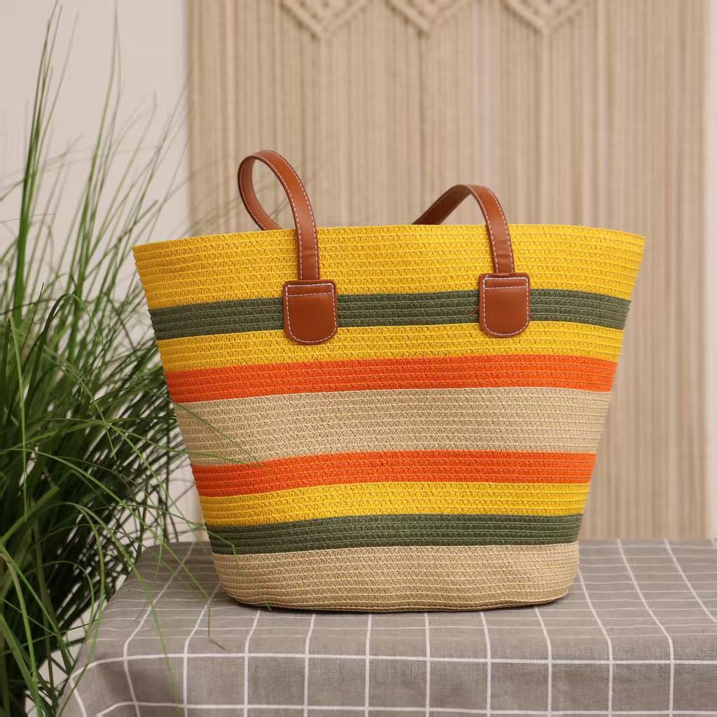 French Striped Straw Tote Bag - Large Capacity for Travel, Vacation, Beach, and Casual Commutes