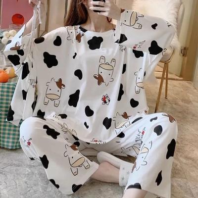 Conjunto de 2 piezas Pijama de manga larga Mujer Seda Ropa de dormir Otoño e Invierno Versión coreana Talla grande Señoras Oso de dibujos animados Ropa para el hogar