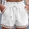 Cotton Linen Shorts Women's Pants Solid Color Thin Hollow Out Design Trim Pocket Tight Waist Shorts Beachwear White Clothes