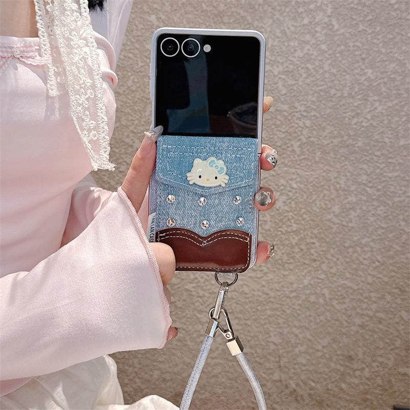 Fashion Cute Hellokitty Diamond Card Bag Phone Case For Samsung Galaxy Z Flip 7 6 5 ZFlip6 ZFlip7 Cover with Hand Strap Denim Ca