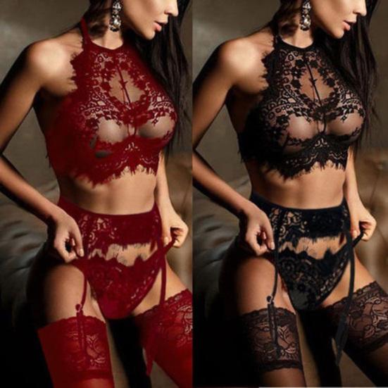 3Pcs Sexy Women See Through Floral Lace Babydoll Bra Briefs Garter Underwear Set