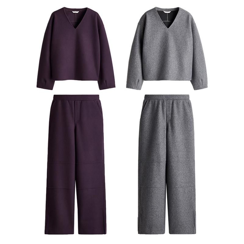 Fall and Winter New Women's Clothing Brushed Jersey V-neck Sweatshirt 1268253 High Waist Loose Pants 1268246