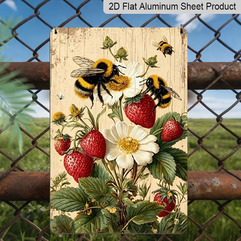 

2D Flat, 1pc Vintage Bumblebee & Strawberry Aluminum Sign, Rustic Farmhouse Wall Decor for Garden, Patio, Kitchen Outdoor Yard & Balcony Ornament 20*30cm