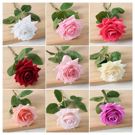 Artificial Rose with Green Leaves Realistic Fake Flower Stem Home Office Wedding Party