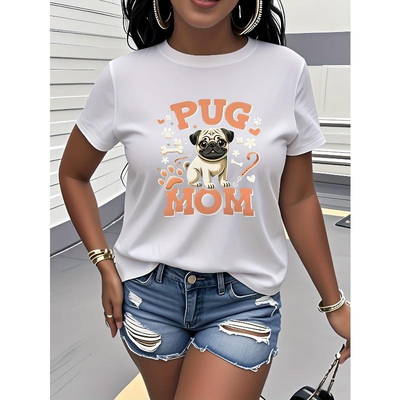 Womens Pug Puppy Pattern Print Short Sleeve Crew Neck Casual Tee