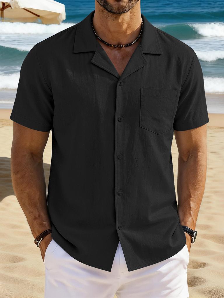 Mens Retro Casual Loose Cotton Linen Short Sleeve Shirt