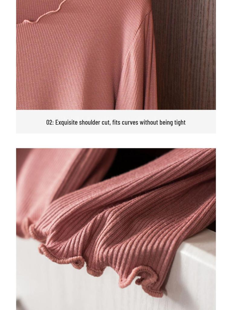 Women's Slim Fit Wood-Ear Trim Modal Long Sleeve T-Shirt, Round Neck, Plus Size, Spring/Autumn Versatile Top