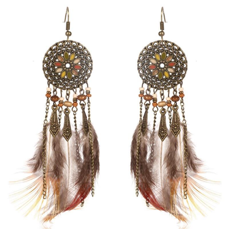 Bohemian Feather Earrings Personalized Long Style Tassel Retro Exaggerated Ethnic Style Tibetan Earrings for Women