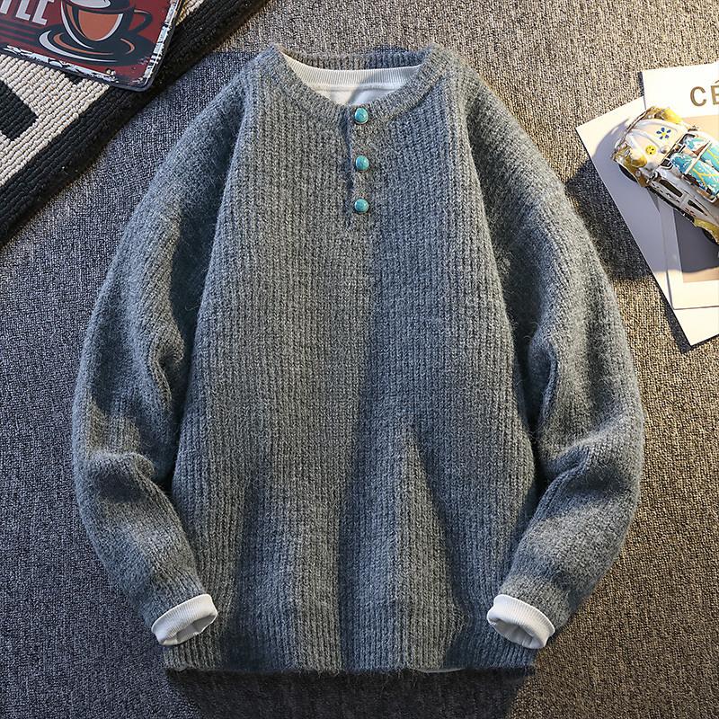 Unifarbener Knopf Langarm Rundhals Pullover Herrenmode Top