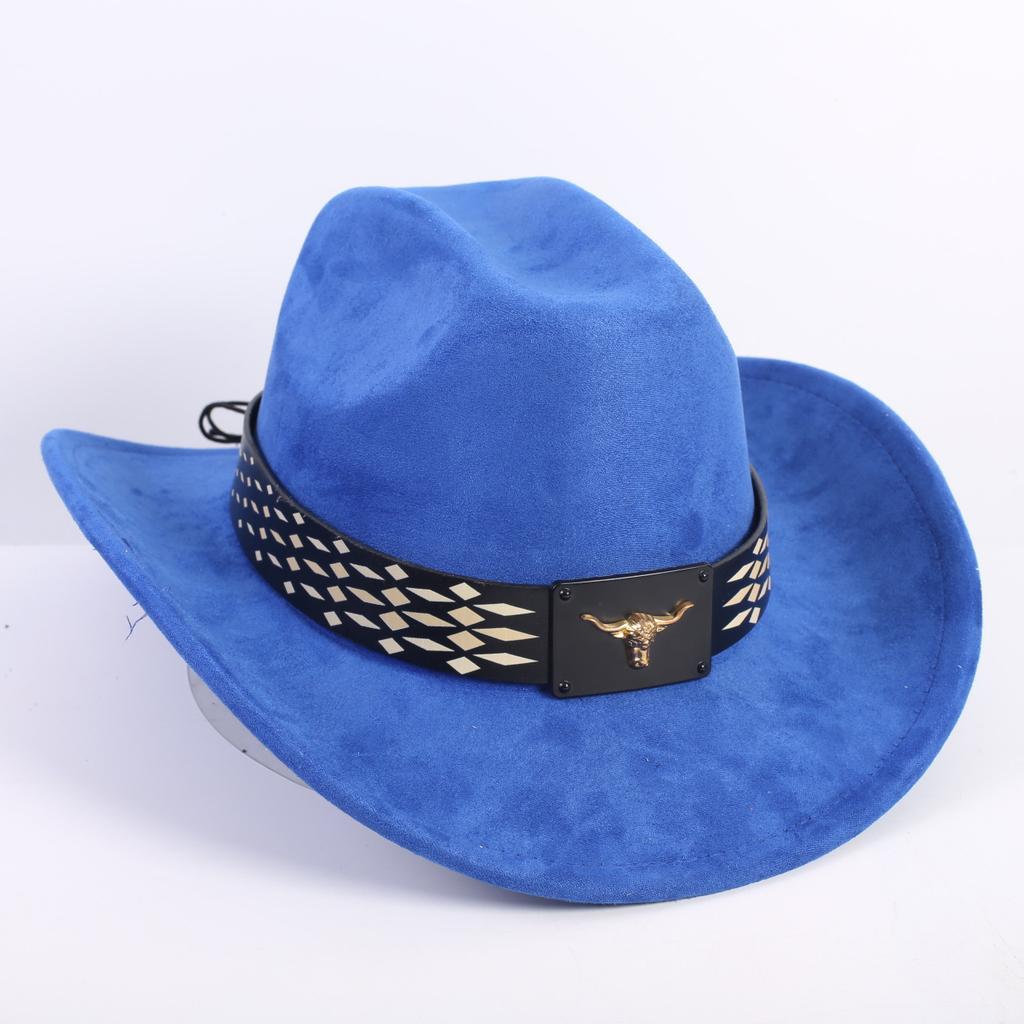 New Western Cowboy Hat Men's and Women's Versatile Wide Brim Top Hat Sun Hat Simple Bull Head Hat Strap
