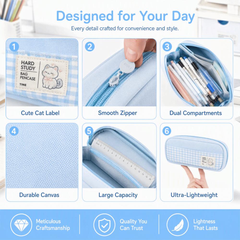 Gingham Check Pencil Case Pastel Color Pencil Pouch Portable Stationery Storage Bag  Back To School