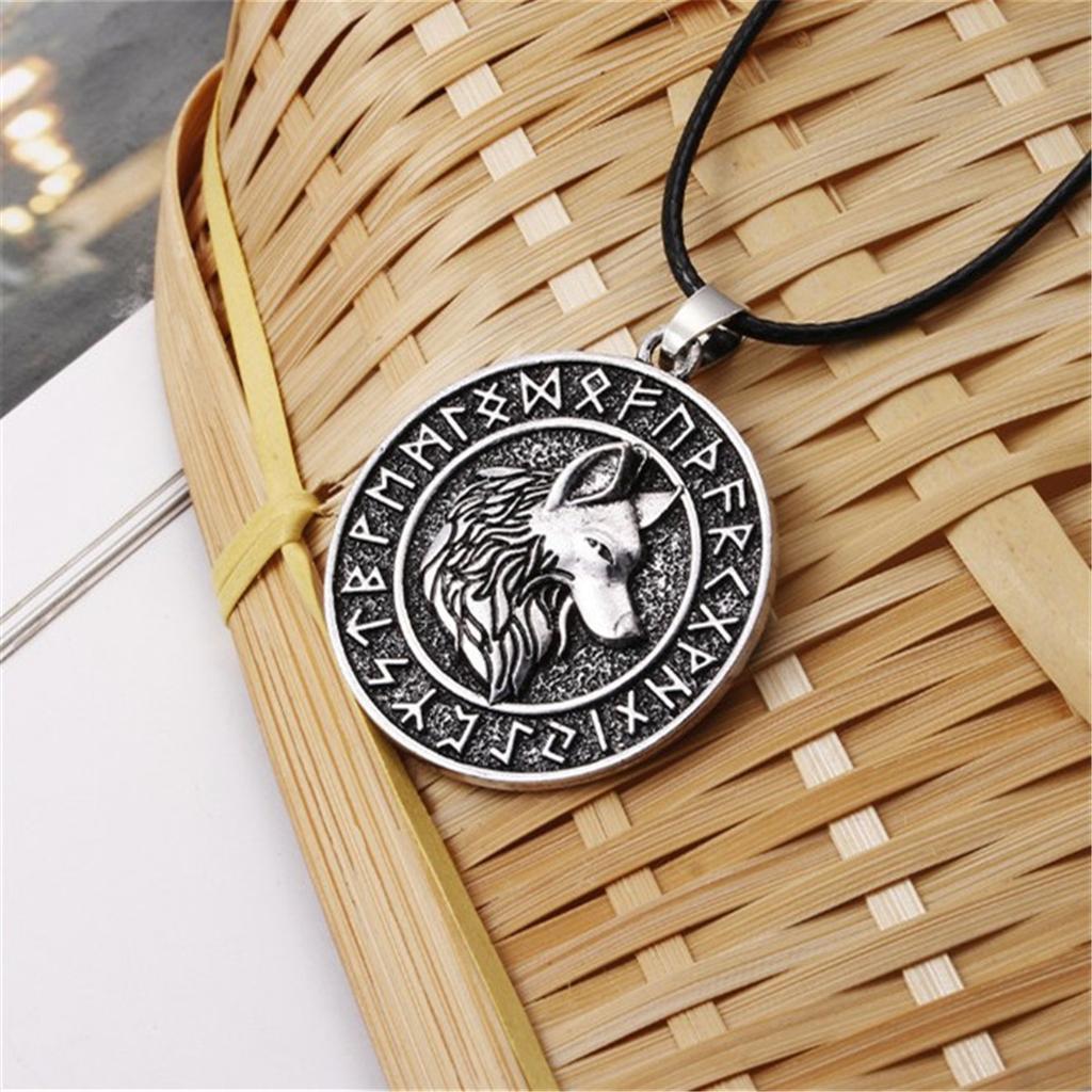 Men Fashion Vintage Silver Norse Viking Letters Wolf&Vegvisir Rune Amulet Alloy Pendant Necklace