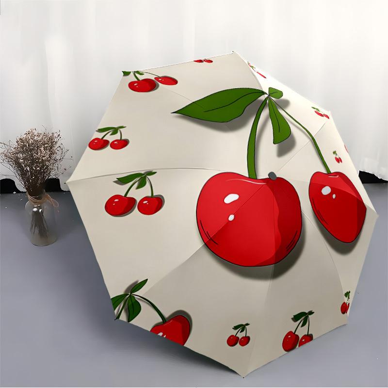 1pc Cherries Fruit Automatic Folding Umbrella - Compact 8-Rib Design, Durable Plastic & Iron, Lightweight for Outdoor Daily Use059