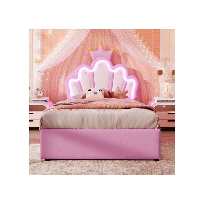 Lit à matelas - MUVOE - 90 x 200 cm - PU rose - Tiroirs pratiques - Tête de lit réglable