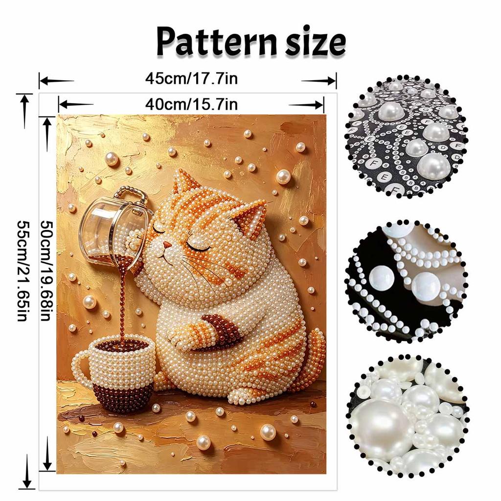 Kreatives DIY-Rahmen-Perlenkunst-Set mit süßem Katzen-Kaffee-Muster, glitzernde Perlenleinwand, fertig zum Aufhängen, entspannendes Geschenk für Erwachsene