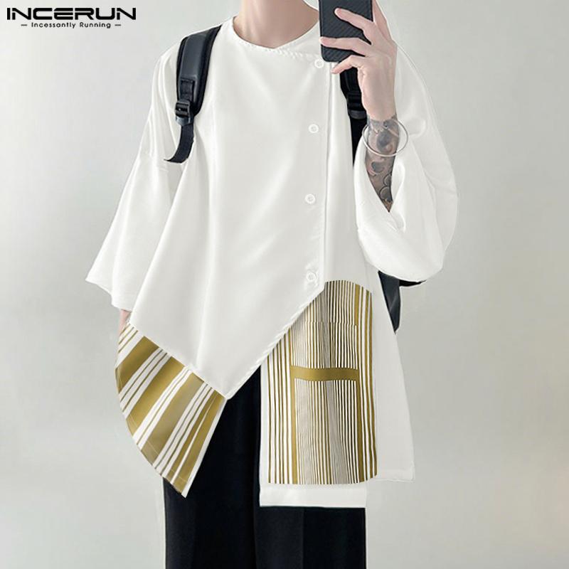 INCERUN Ανδρικά Μπλουζάκια Τοπ Μανίκι 3/4 Σκισίματα Ακανόνιστο Μπροστινό Σταυρωτό Ριγέ Ραφή Casual