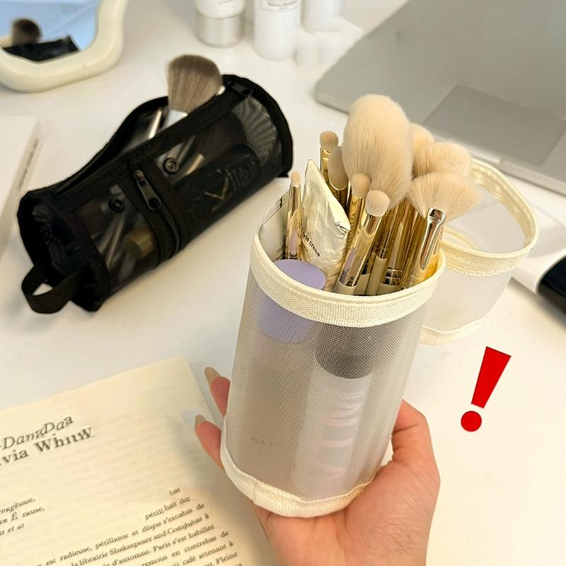 Mesh Dual-Use Makeup Brush Storage Bag Portable Brush Case Simple Large Capacity Brush Bucket Holder Travel Stand-Up Pouch