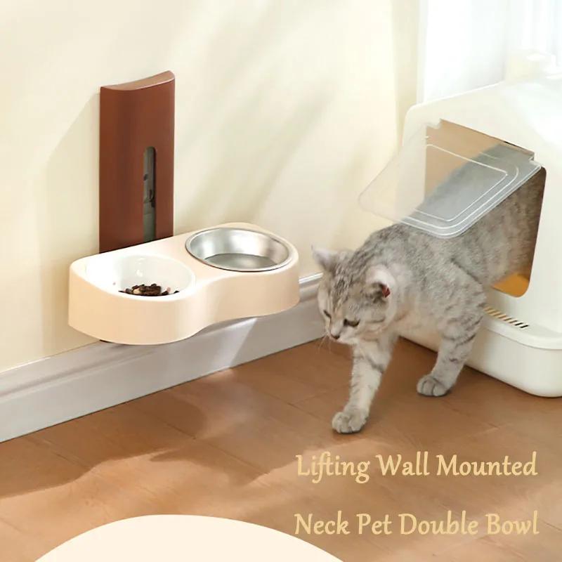 Wall-mounted Pet Double Bowl High Stainless Steel Ceramic Cat Water Dispenser Feeder Dog Bowl Adjustable Height Cat Food Basin
