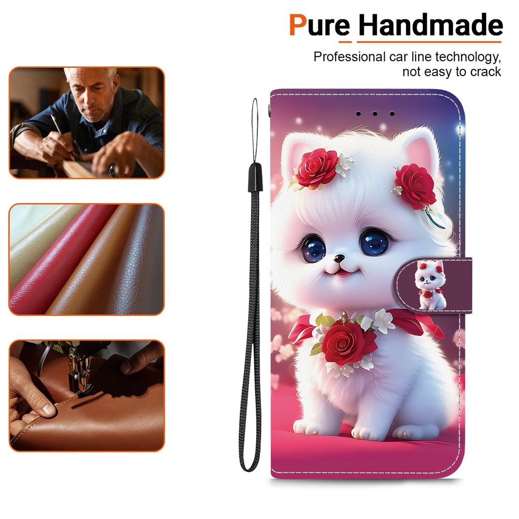 Handmade PU Leather Flip Case for Redmi Note 12 Pro/Xiaomi Poco X5 Pro Anti-Slip Shockproof Cover with Wrist Strap & Heart/Rose Cat Designs