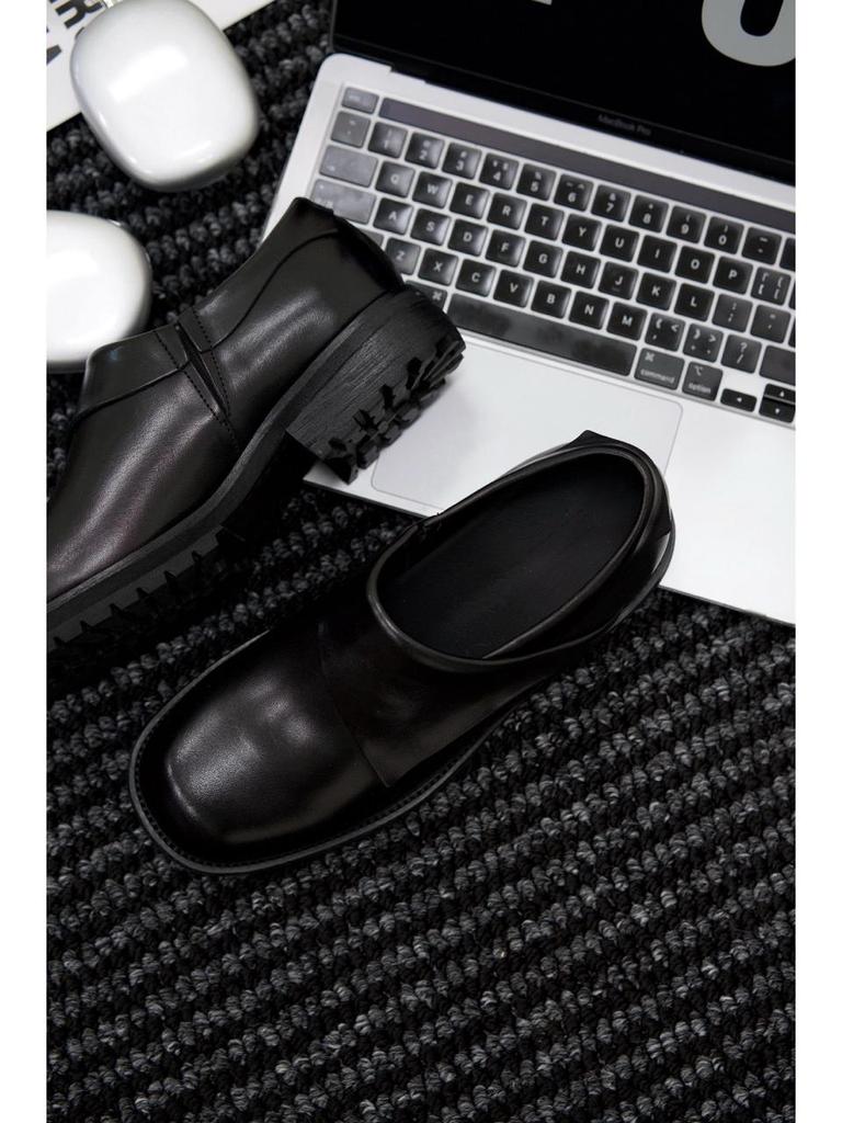 Men's Height-Increasing Black Derby Shoes with Thick Sole and Wooden Heel - 2025 Trendy Japanese & Korean Style.