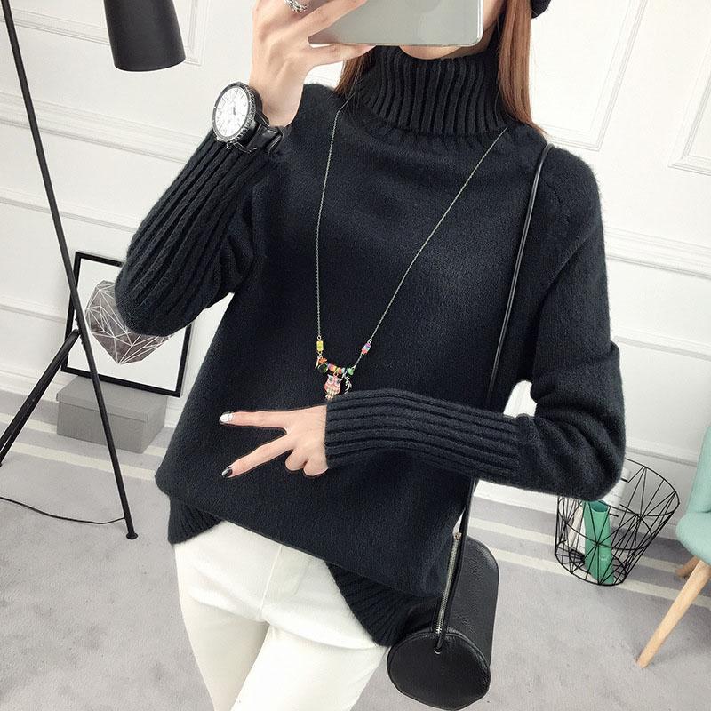 Herbst und Winter Damen Pullover Langarm Shirt unten Lose Frische High Neck Pullover Strickpullover