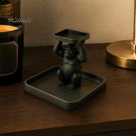 Desktop Organizer for Keys 3D Printed Gorilla Decorative Tray, Squatting Figure with Dual-Tier Storage Cool Desk Jewelry Small Trinkets, Creative