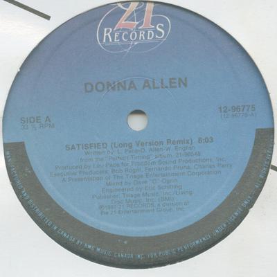 12inch Record DONNA ALLEN - Satisfied 1296775 21 Records 1987 Canada Soul/Funk Used
