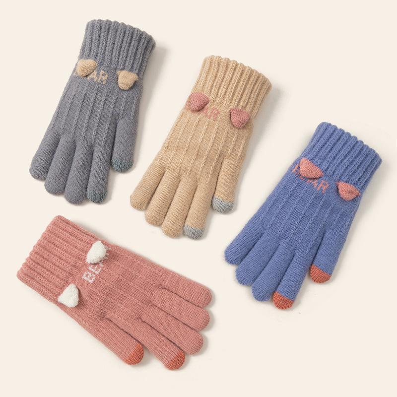 Korean Cat's Ears Cute Knitted Gloves Women Thickened Warm Touch Screen All Finger Gloves Soft Skin Friendly Splice Color Gloves