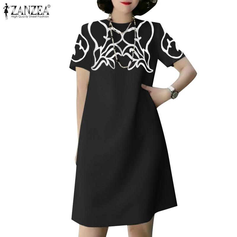 

ZANZEA Женское повседневное летнее платье с круглым вырезом и коротким рукавом с принтом